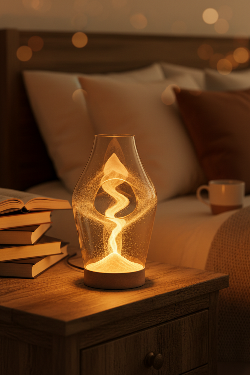 3D Quicksand Table Lamp glowing warm amber on a cozy bedroom nightstand