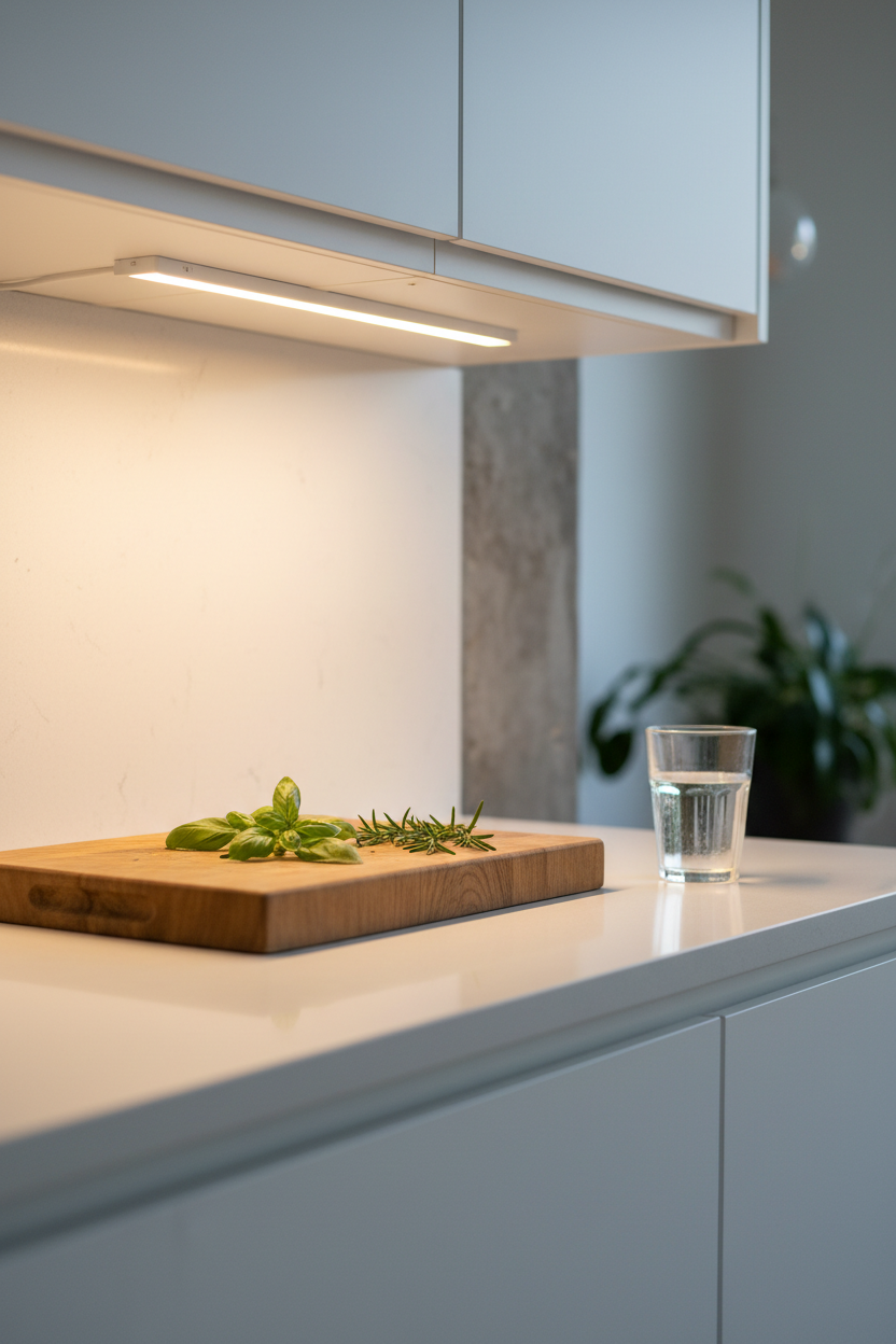 LED motion sensor cabinet light illuminating a modern kitchen countertop