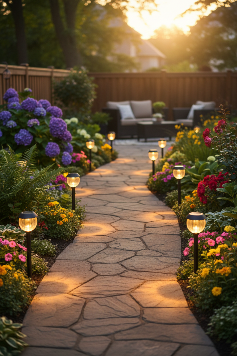 Outdoor solar garden light glowing along a stone pathway at dusk