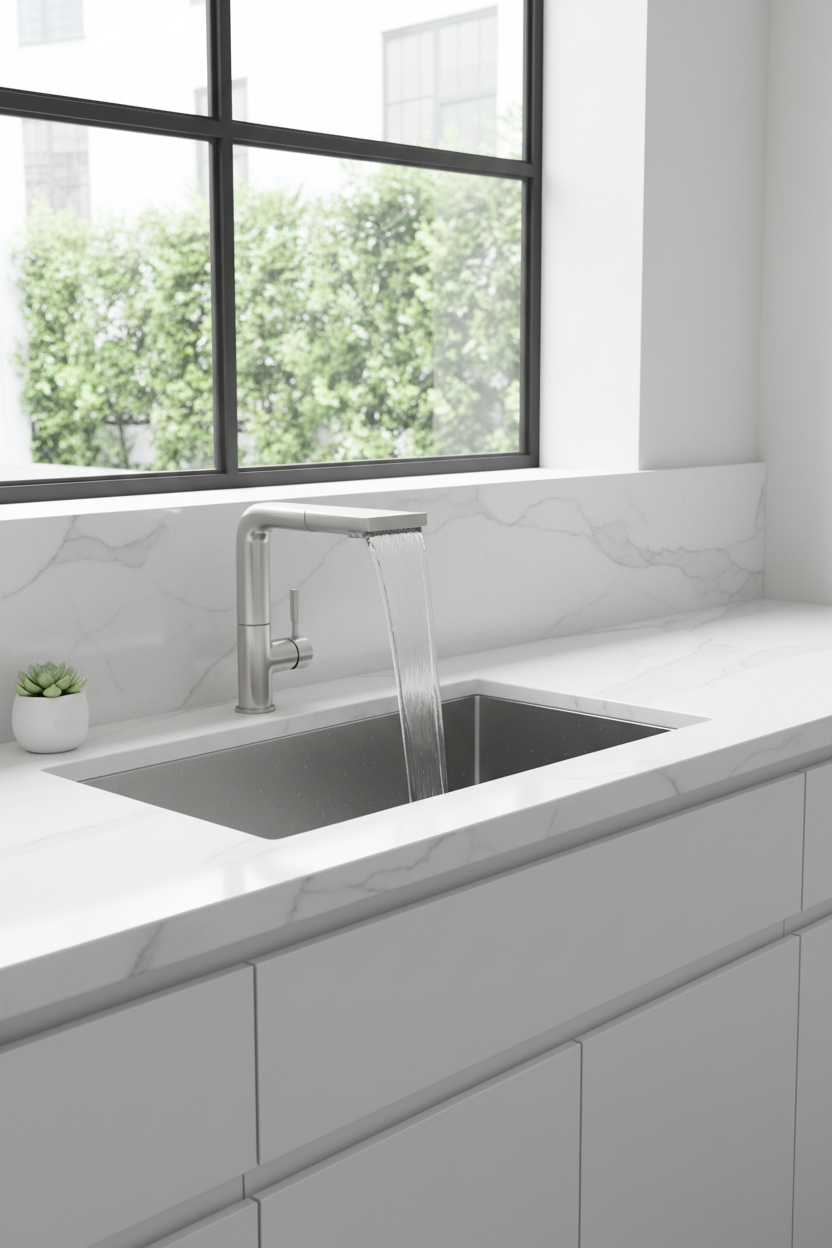 Waterfall kitchen faucet with smooth water flow over white marble countertop