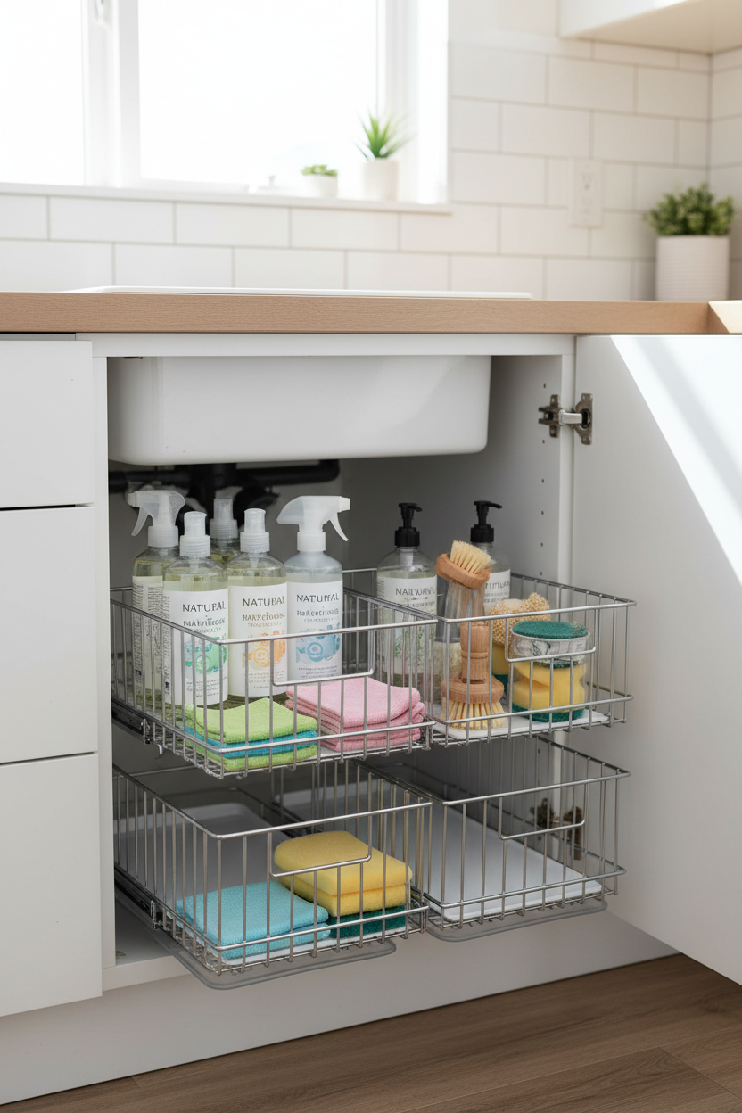 Dual sliding under-sink organizer open with neatly organized cleaning supplies
